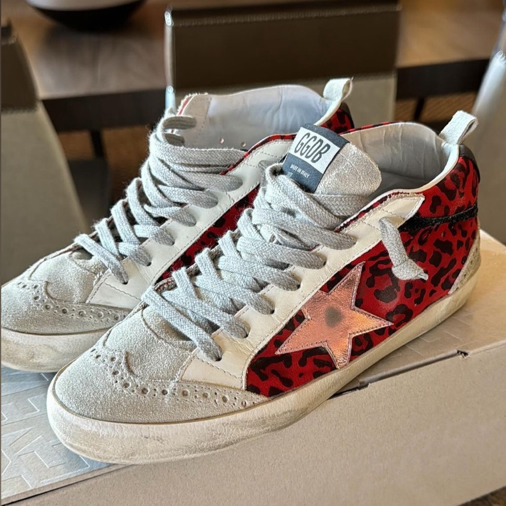 Golden Goose Mid Star in Red leopard print suede with pink leather star EU37